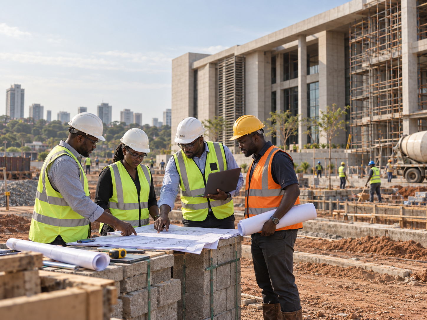 ELINK project team reviewing technical drawings on site