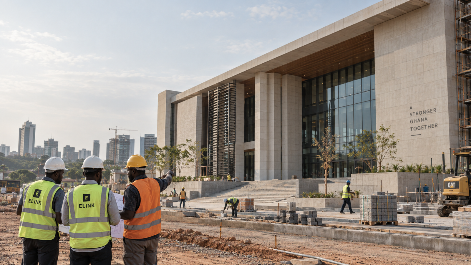 ELINK team overseeing a major civic construction project in Ghana
