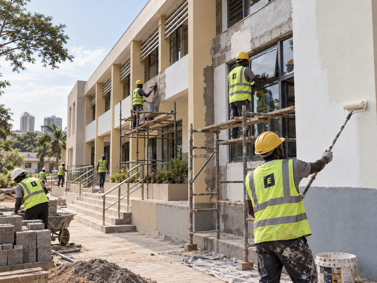 Renovation crew working on a building facade